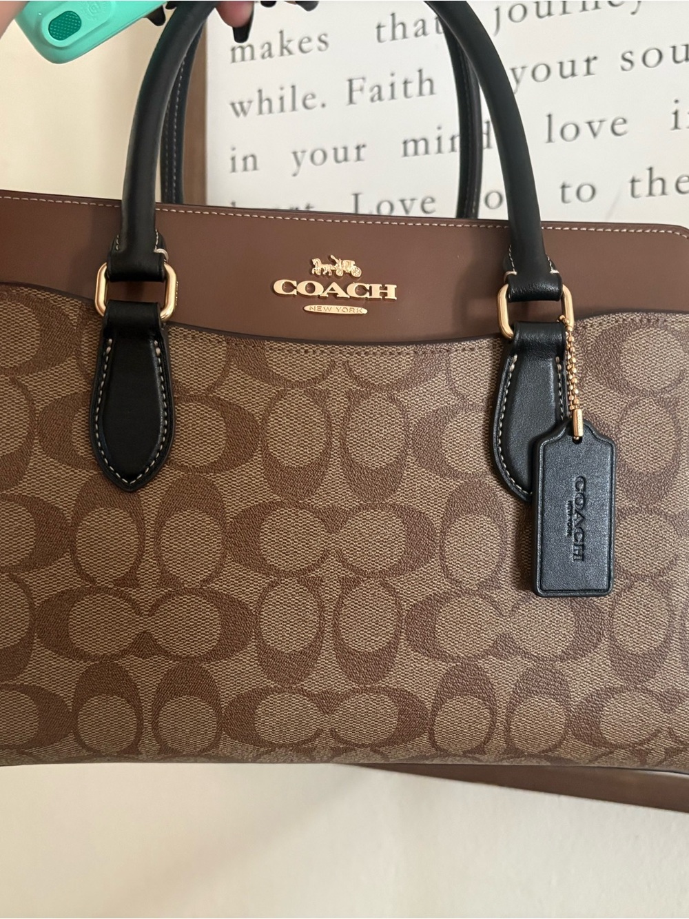 Coach Brown Signature Canvas Tote with Black Leather Handles and Gold Hardware